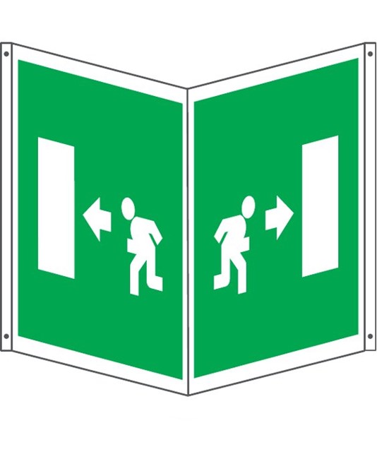 Cartello bifacciale con simbolo 'uscita di emergenza a sinistra'