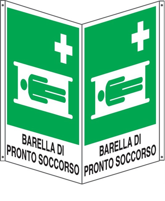 Cartello bifacciale con simbolo  'barella di pronto soccorso'