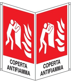 Cartello bifacciale con simbolo 'coperta antifiamma'