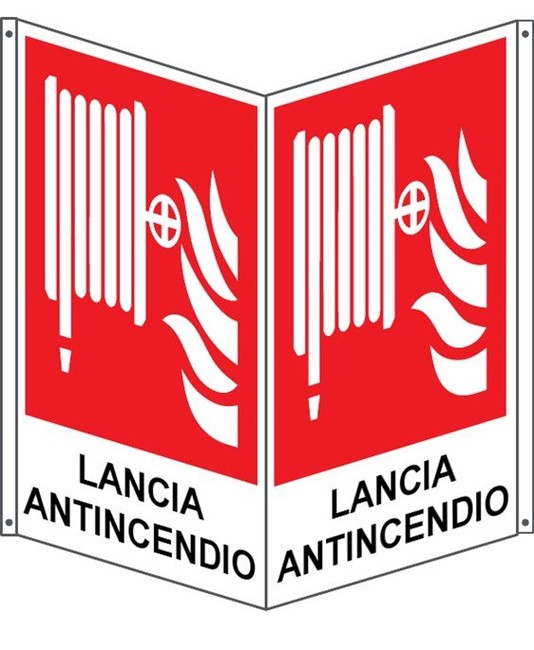 Cartello bifacciale con simbolo 'lancia antincendio'