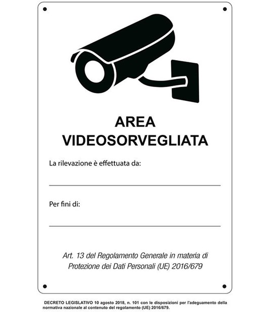 Cartello 'Area videosorvegliata' simbolo telecamera nera
