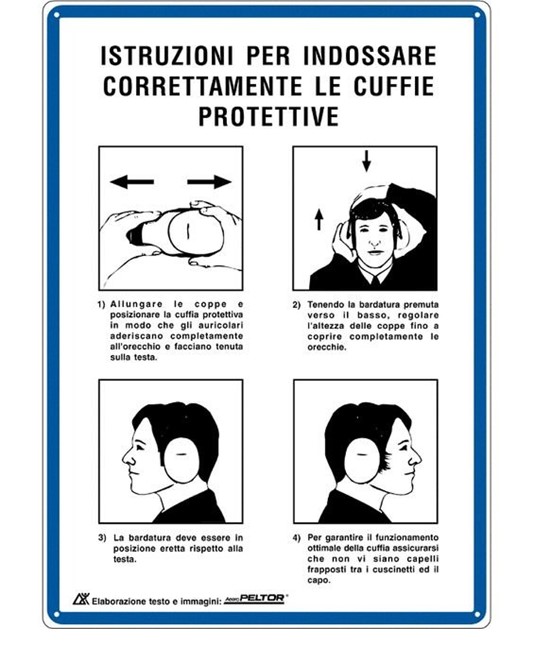 Cartello 'istruzioni per indossare correttamente le cuffie protettive'