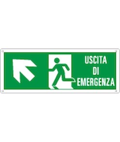 Cartello con scritta 'uscita di emergenza avanti/sinistra'