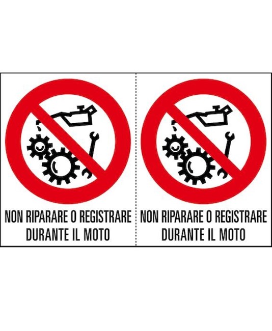 Adesivo 'non riparare o registrare durante il moto'. Da 2 etichette