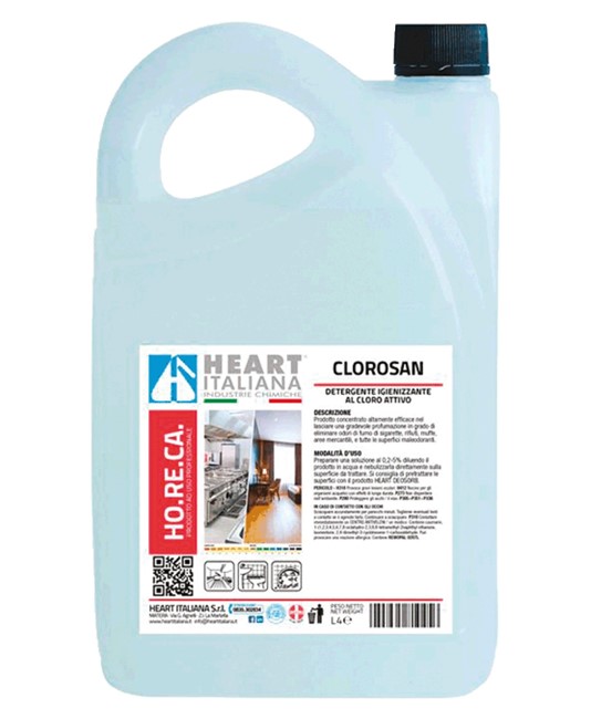 Detergente igienizzante con risciacquo a base di cloro attivo, incolore e profumato, tanica 4 lt.