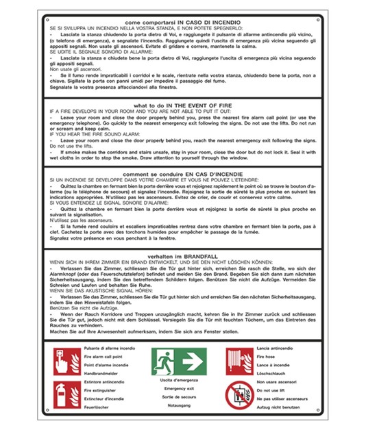 Cartello multilingue 'come comportarsi in caso di incendio'