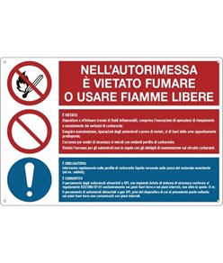 Cartello in alluminio multisimbolo 'vietato fumare o usare fiamme libere'