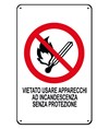 Cartelli di divieto  'vietato usare apparecchi ad incandescenza senza protezione'