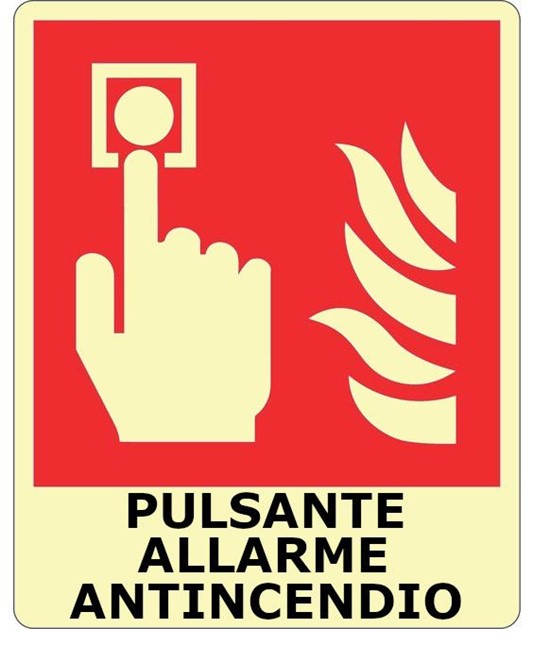 Cartello fotoluminescente simbolo e scritta 'Pulsante allarme antincendio'