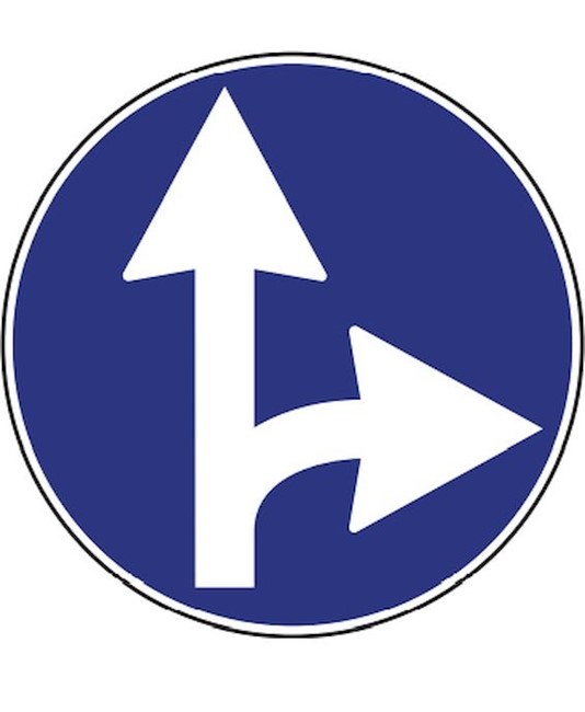 Cartello "direzione obbligatoria dritto e destra"diam. cm. 60.