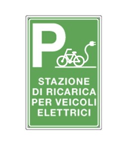 Cartello 'stazione di ricarica per veicoli elettrici' con simbolo bicicletta, in lamiera scatolata - Dim: 400x600mm