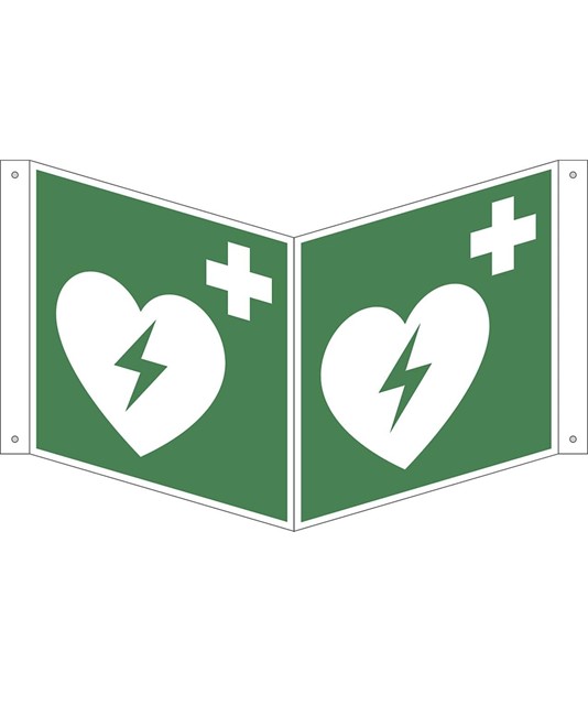 Cartello bifacciale con simbolo 'defibrillatore di emergenza'