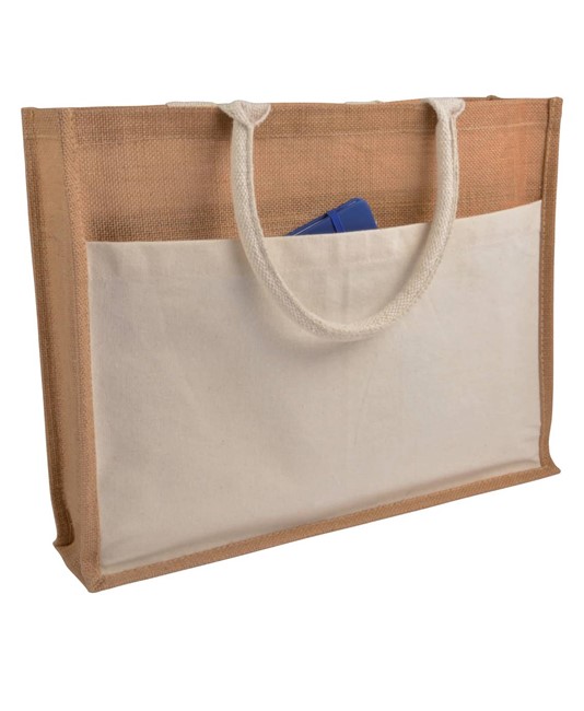 Shopper con soffietto in Juta con interno cerato, manici e  tasca esterna in cotone Handle