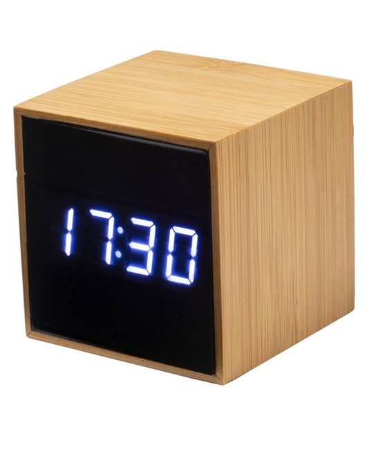 Orologio sveglia e display temperatura a LED bianco, in bambù
